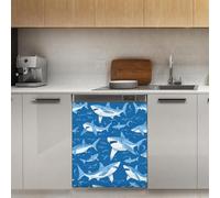 Mexpekil Adesivo decorativo per lavastoviglie con squali che nuotano blu, 53 x 66 cm, adesivo decorativo per lavastoviglie per porta d'ingresso, impermeabile, pannello magnetico per elettrodomestici