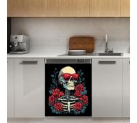 Mexpekil Adesivo decorativo per lavastoviglie con teschio con occhiali da sole e rose rosse, 53 x 66 cm, adesivo decorativo per lavastoviglie per porta d'ingresso, impermeabile, pannello per