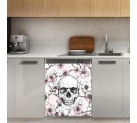 Mexpekil Adesivo decorativo per lavastoviglie con testa di teschio e fiore, 53 x 66 cm, adesivo decorativo per lavastoviglie per porta d'ingresso, impermeabile, pannello magnetico per elettrodomestici