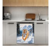 Mexpekil Adesivo decorativo per lavastoviglie con tigre che corre e neve, 53 x 66 cm, adesivo decorativo per lavastoviglie per porta d'ingresso, impermeabile, adesivo magnetico per pannello di