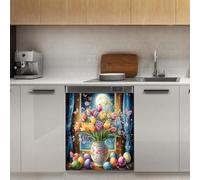 Mexpekil Adesivo decorativo per lavastoviglie con tulipani, vaso, uova, luna, 53 x 66 cm, adesivo decorativo per lavastoviglie per porta d'ingresso, impermeabile, pannello magnetico per