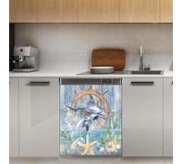 Mexpekil Adesivo decorativo per lavastoviglie in legno ad acquerello, motivo: ancora delfino, 53 x 66 cm, adesivo decorativo per lavapiatti per porta d'ingresso, impermeabile, pannello per