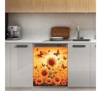 Mexpekil Adesivo decorativo per lavastoviglie, motivo: tramonto, cielo, girasoli, farfalle, 53 x 66 cm, adesivo decorativo per lavastoviglie per porta d'ingresso, impermeabile, pannello magnetico per