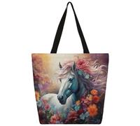 Mexpekil Art Horse Floral Canvas Tote Bag per donne ragazze borse della spesa riutilizzabili borse della spesa grandi borse da donna borsa a tracolla multiuso