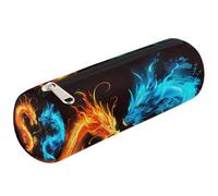 Mexpekil Astuccio cilindrico rotondo con drago di fuoco, colore arancione e blu, per bambini, ragazzi, ragazze, organizer per articoli scolastici
