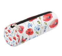 Mexpekil Astuccio cilindrico rotondo con fiori blu e papaveri rossi e farfalle, per bambini, ragazzi e ragazze, astuccio cilindrico per forniture scolastiche