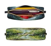 Mexpekil Astuccio in pelle per ragazze e ragazzi, piccolo organizer per penne, con cerniera, sottile, multiuso, per forniture scolastiche, bambini e adulti, Paesaggio Foresta Fiume, Taglia unica