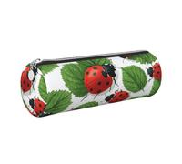 Mexpekil Astuccio in pelle per ragazze e ragazzi, piccolo organizer per penne, con cerniera, sottile, multiuso, per forniture scolastiche, bambini e adulti, Coccinelle rosse foglia verde, Taglia unica