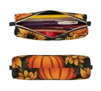 Mexpekil Astuccio in pelle per ragazze e ragazzi, piccolo organizer per penne, con cerniera, sottile, multiuso, per forniture scolastiche, bambini e adulti, Girasoli Zucca, Taglia unica, Organizer per
