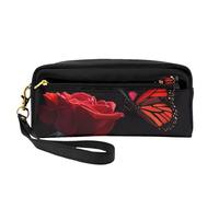 Mexpekil Astuccio per matite da viaggio con farfalla e rose rosse, astuccio porta penne, in pelle, per cosmetici, pennelli da trucco, scatola di cancelleria per bambini, ragazze, ragazzi, scuola e