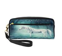 Mexpekil Astuccio per matite da viaggio con unicorno bianco nella foresta, astuccio porta penne in pelle per cosmetici, pennelli da trucco, scatola di cancelleria per bambini, ragazze, ragazzi, scuola