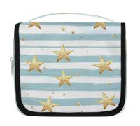 Mexpekil Beauty case con motivo a stelle dorate e strisce azzurre per donne, uomini e donne, borsa da viaggio impermeabile da appendere con gancio, organizer per cosmetici