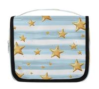 Mexpekil Beauty case con stelle dorate e strisce azzurre per donne, uomini e donne, borsa da viaggio impermeabile da appendere con gancio, organizer per cosmetici