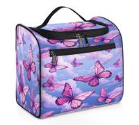 Mexpekil Beauty case da viaggio con farfalla e cielo rosa, per donne e uomini, grande, impermeabile, per trucco e cosmetici, Multicolore, 10.2 x 6.5 x 9.2 inches, Beauty case
