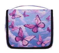 Mexpekil Beauty case da viaggio con farfalla e cielo rosa, per donne, uomini e donne, impermeabile, da appendere, con gancio, organizer per cosmetici