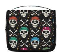 Mexpekil Beauty case da viaggio con teschio pirata in stile cartone animato, per donne, uomini e donne, impermeabile, da appendere, con gancio, organizer per cosmetici