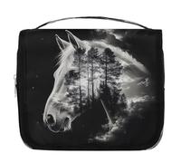 Mexpekil Beauty case da viaggio con testa di cavallo, foresta e cielo, impermeabile, da appendere, con gancio, organizer per cosmetici