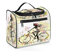 Mexpekil Beauty case da viaggio da appendere con 11 scomparti, bella donna che guida la bicicletta in Butterfly Bush borsa per cosmetici impermeabile organizer da viaggio per accessori shampoo