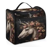 Mexpekil Beauty case da viaggio da appendere con 11 scomparti, bellissimo unicorno con ghirlanda di fiori borsa per cosmetici impermeabile organizer da viaggio per accessori shampoo contenitore