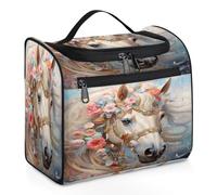 Mexpekil Beauty case da viaggio da appendere con 11 scomparti, cavallo bianco in erba morta acquerello resistente all'acqua trucco borsa cosmetica organizer da viaggio per accessori shampoo