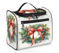 Mexpekil Beauty case da viaggio da appendere con 11 scomparti, con ghirlanda di agrifoglio, fiocco di agrifoglio, impermeabile, organizer da viaggio per accessori, shampoo, contenitori per articoli da