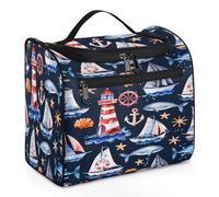 Mexpekil Beauty case da viaggio da appendere con 11 scomparti, delfino vela, faro, ancora, conchiglia, stella marina, impermeabile, organizer da viaggio per accessori shampoo Conta di dimensioni