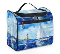 Mexpekil Beauty case da viaggio da appendere con 11 scomparti, faro barca a vela gabbiani in lontananza acquerello resistente all'acqua trucco cosmetico borsa organizer da viaggio per accessori