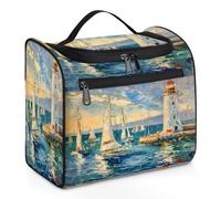 Mexpekil Beauty case da viaggio da appendere con 11 scomparti, faro barca a vela pittura a olio di mare, impermeabile, organizer da viaggio per accessori shampoo contenitore full-size Toiletr, Faro
