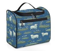 Mexpekil Beauty case da viaggio da appendere con 11 scomparti, gregge di pecore su erba blu cartone animato borsa per cosmetici impermeabile organizer da viaggio per accessori shampoo contenitore