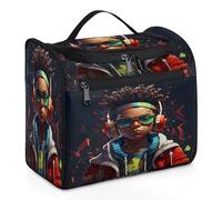 Mexpekil Beauty case da viaggio da appendere con 11 scomparti, Little Boy che ascolta musica con cuffie impermeabile trucco borsa cosmetica organizer da viaggio per accessori shampoo full-size