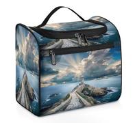 Mexpekil Beauty case da viaggio da appendere con 11 scomparti, motivo faro alla fine della strada, borsa per cosmetici resistente all'acqua, organizer da viaggio per accessori shampoo contenitore di
