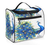 Mexpekil Beauty case da viaggio da appendere con 11 scomparti, pavone blu con ccreen aperto, pittura ad acquerello, impermeabile, organizer da viaggio per accessori shampoo Full-si, Blu Pavone Con