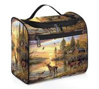 Mexpekil Beauty case da viaggio da appendere con 11 scomparti, prugna cervo alce sulla riva del fiume borsa per cosmetici impermeabile organizer da viaggio per accessori shampoo contenitore full-size