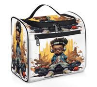 Mexpekil Beauty case da viaggio da appendere con 11 scomparti, ragazzo seduto e ascoltare musica con radio borsa per cosmetici impermeabile organizer da viaggio per accessori shampoo full-size