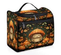 Mexpekil Beauty case da viaggio da appendere con 11 scomparti, riccio con cappello di zucca foglia d'acero zucca autunno impermeabile trucco borsa cosmetica organizer da viaggio per accessori shampoo