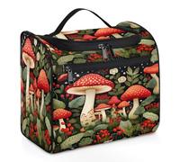 Mexpekil Beauty case da viaggio da appendere con 11 scomparti, rosso fungo erba foglie verdi resistente all'acqua, organizer da viaggio per accessori shampoo contenitore di dimensioni standard