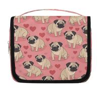 Mexpekil Beauty case da viaggio da appendere per donne, carlino, cuccioli, cuori, grande, portatile, organizer per cosmetici per ragazze e ragazzi