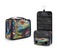 Mexpekil Beauty case da viaggio da appendere per donne, uomini, bambini, cartoni animati, camaleonte, borsa per il trucco, impermeabile, grande, portatile, organizer per cosmetici con gancio e 4
