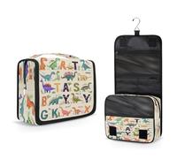 Mexpekil Beauty case da viaggio, da appendere, per donne, uomini, bambini, colorato, con lettere dell'alfabeto, dinosauro, borsa per il trucco, impermeabile, grande, portatile, con gancio e 4