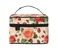 Mexpekil Beauty case da viaggio da donna, grande capacità, organizer per trucchi, borsa portatile per articoli da toeletta per donne e ragazze, Motivo coccinelle e rose, Taglia unica