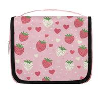 Mexpekil Beauty case da viaggio da donna, rosso, bianco, fragole, cuori, grande, portatile, organizer per cosmetici, per ragazze e ragazzi