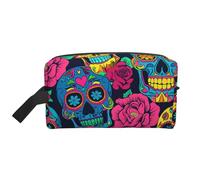 Mexpekil Beauty case da viaggio per donne e uomini, borsa impermeabile di grande capacità per trucchi e cosmetici, borsa organizer portatile, Sorriso Teschi Rose Rosse, One Size