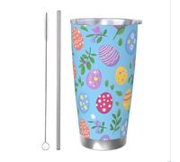 Mexpekil Bicchiere isolato da 590 ml, con cannuccia e coperchio, in acciaio inox, tazza da caffè ghiacciato pasquale, con ramo di uova colorate, a prova di perdite, bottiglia termica da viaggio
