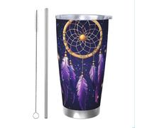 Mexpekil Bicchiere termico da 590 ml, con cannuccia e coperchio, in acciaio inox, con acchiappasogni, viola, a tenuta stagna, bottiglia termica per acqua termica, regalo per donne e uomini