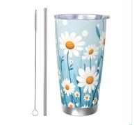 Mexpekil Bicchiere termico da 590 ml, con cannuccia e coperchio, in acciaio inox, con campo di margherite, a prova di perdite, da viaggio, bottiglia termica per acqua termica, regalo per donne e