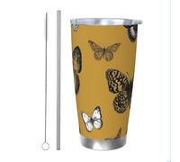 Mexpekil Bicchiere termico da 590 ml, con cannuccia e coperchio, in acciaio inox, con farfalle, colore giallo e bianco, a tenuta stagna, ideale come regalo per donne e uomini