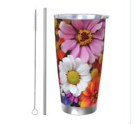 Mexpekil Bicchiere termico da 590 ml, con cannuccia e coperchio, in acciaio inox, con fiori di campo, colorato, a prova di perdite, da viaggio, bottiglia termica per acqua termica, regalo per donne e