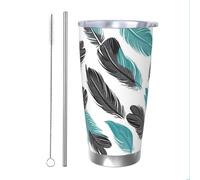 Mexpekil Bicchiere termico da 590 ml, con cannuccia e coperchio, in acciaio inox, con motivo a piume, colore blu e nero, a tenuta stagna, ideale come regalo per donne e uomini