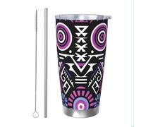 Mexpekil Bicchiere termico da 590 ml, con cannuccia e coperchio, in acciaio inox, con motivo tribale grafico, a prova di perdite, da viaggio, bottiglia termica per acqua, regalo per donne e uomini