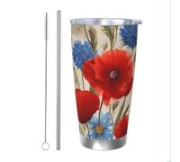 Mexpekil Bicchiere termico da 590 ml, con cannuccia e coperchio, in acciaio inox, con papaveri rossi e margherite blu, a tenuta stagna, ideale come regalo per donne e uomini